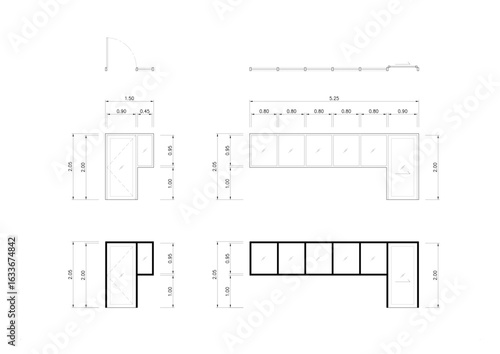 Architectural door and window elevation drawings with detailed dimensions, sections, and frame styles. Includes line weight variations for design presentation.