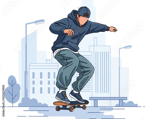 Young man in a blue hoodie and cap skateboarding in a city.