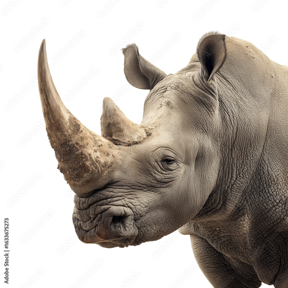 Fototapeta premium close-up view of a rhinoceros standing upright. showcasing its distinct horn and robust body against a plain white background