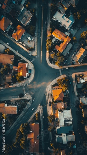 High-angle view of city streets intersecting