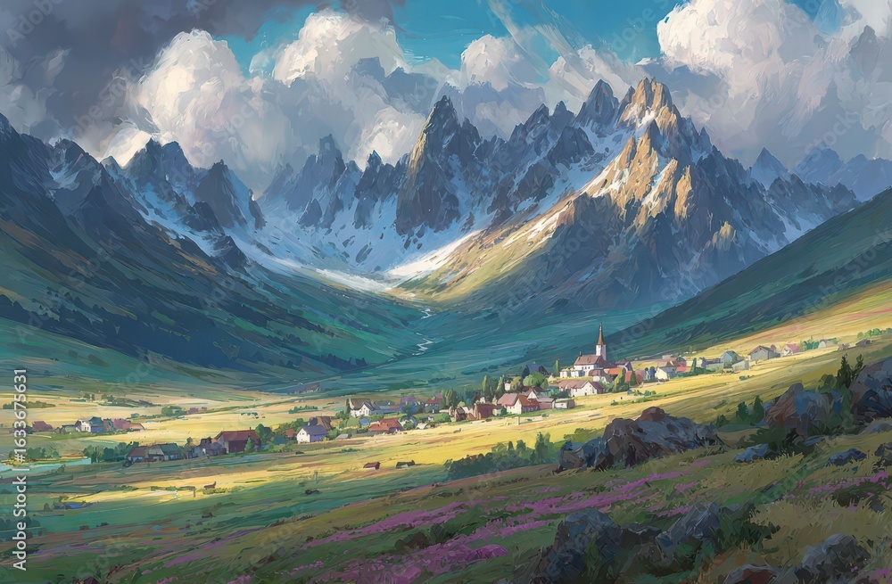 Naklejka premium Mountain valley village, sunny day