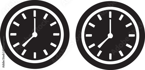 Isolated clock icon set, two clock symbols, time management, minimal design, watch face, analog timer, daily schedule tools, flat style isolated vector