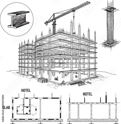 A collection of architectural and structural engineering drawings in a chalk style, showing a building under construction