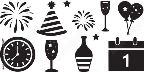Isolated new year celebration icons, fireworks, party hat, champagne glass, countdown clock, calendar January 1, festive balloons, celebration symbols for year beginning