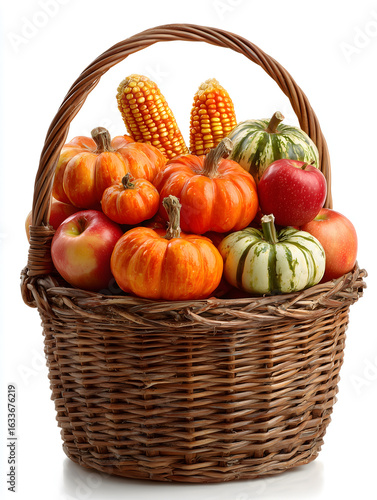 Wallpaper Mural wicker harvest basket filled with mini pumpkins, corn, apples.  Harvest Festival in Autumn. Thanksgiving decor on a white background. Torontodigital.ca