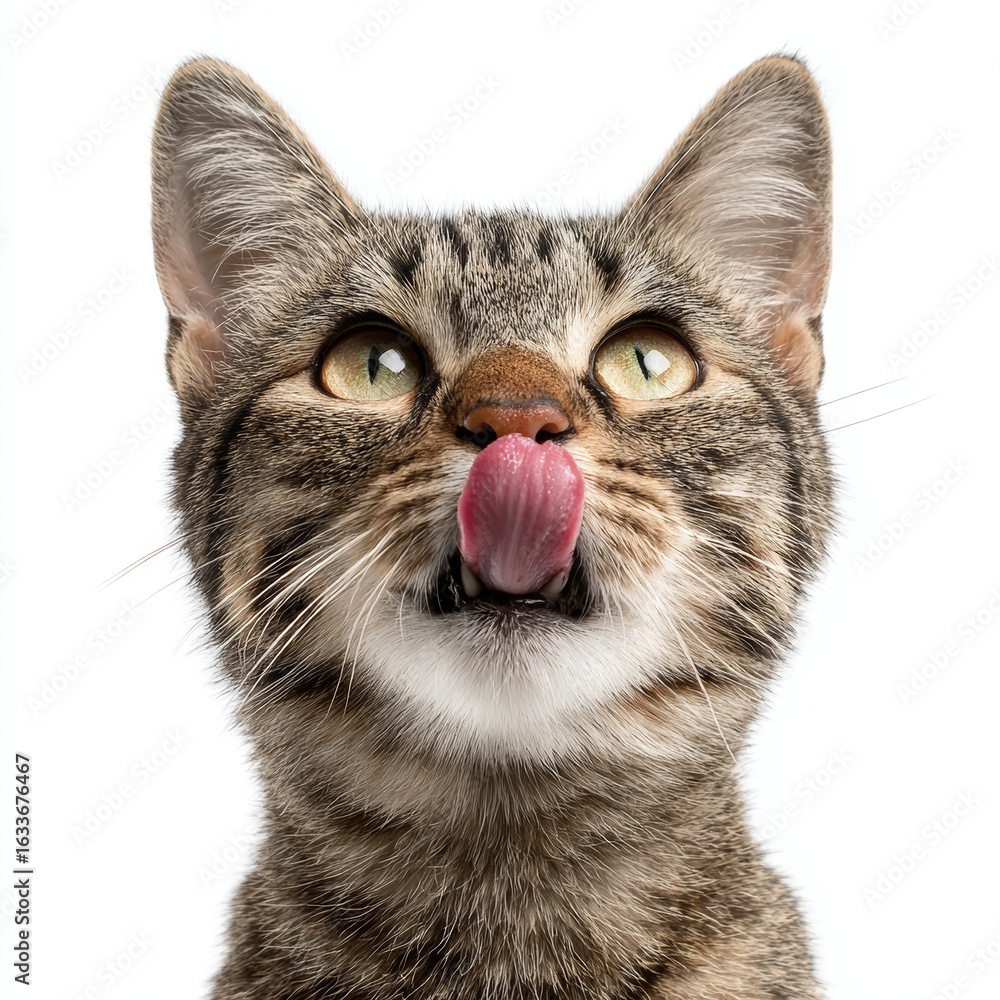 Obraz premium A cat with tongue out, looking up, in a close-up shot