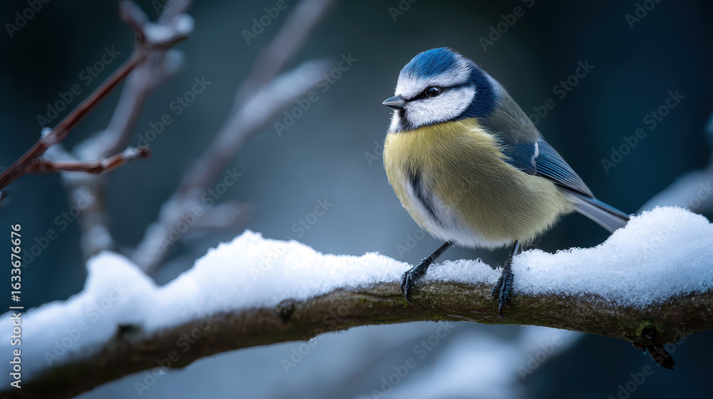 Obraz premium Single Blue Tit on a Snow-Covered Branch in Cold Winter Light
