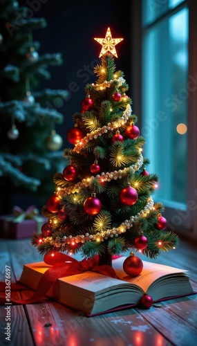 Colorful book Christmas tree, festive holiday sale , winter, literature, promotion