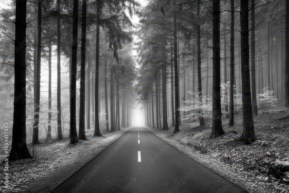 Fototapeta premium Gray forest road, misty perspective
