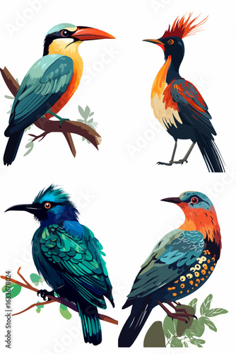 Collection of four vividly colored birds in profile view, artistically rendered, set against a white background, showing details of plumage and perches.