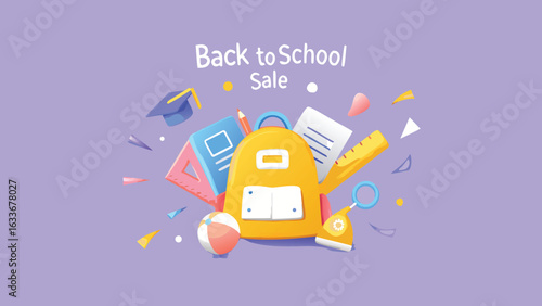 Illustration of a school backpack surrounded by school supplies on a purple background sale banner