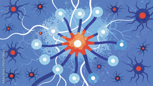 Illustration showing a network of neurons connected by axons and dendrites on a blue background