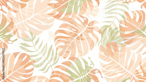 Watercolor tropical leaves pattern featuring monstera and fern in soft peach and green hues for a calm design