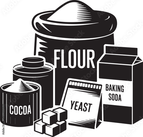 Baking ingredients flour cocoa yeast baking soda vector