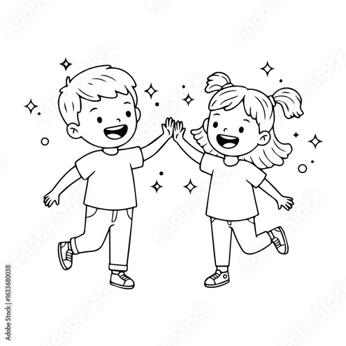 Happy kids vector giving high five with joyful expressions and sparkles in a playful black and white cartoon style

