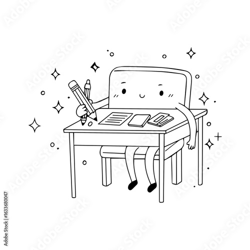 Cute school desk vector character writing with pencils and sparkles in a fun black and white cartoon style
