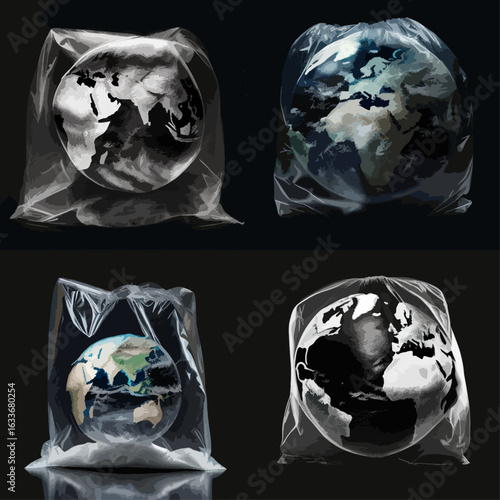 Four computer-generated images of the Earth inside plastic bags, showcasing the concept of environmental harm and pollution. Each bag is different visually.