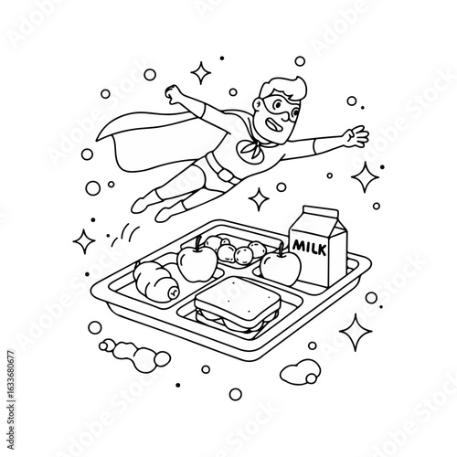 Superhero vector flying over school lunch tray in space with milk, sandwich, fruit, and sparkles in a fun cartoon style
