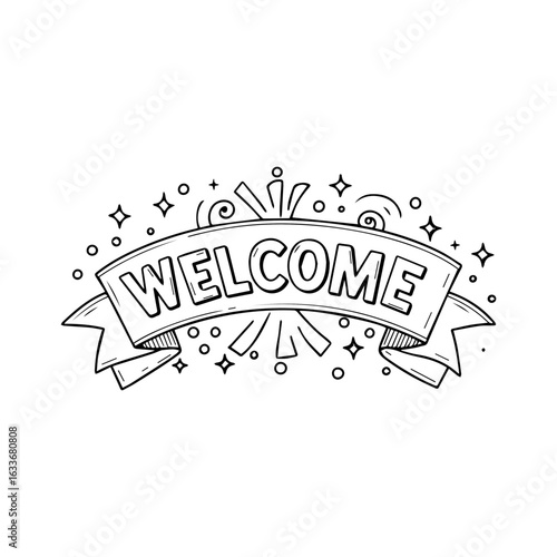 Welcome banner vector with bold text, sparkles, and decorative elements in a festive black and white cartoon style
