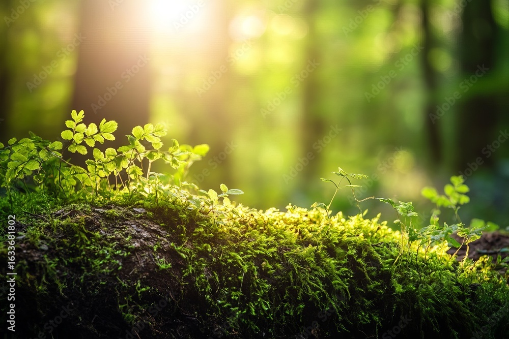 Fototapeta premium Sunlight filters through a forest, illuminating moss and young plants on a fallen log