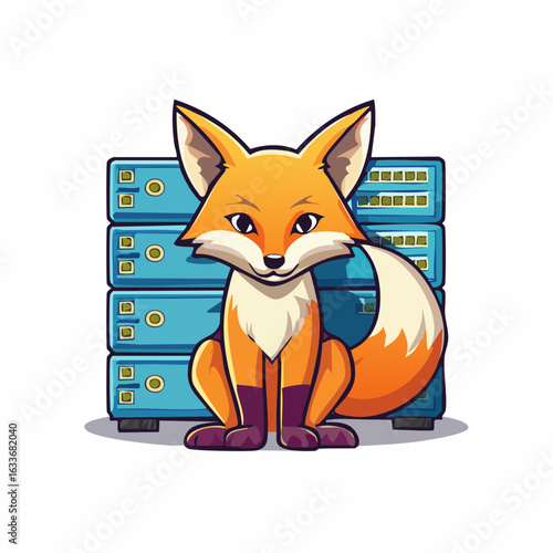 A stylized illustration of a fox holding a computer server rack with a determined expression, ideal as a brand mascot, logo, or emblem for an IT company, web hosting service, or cybersecurity brand.