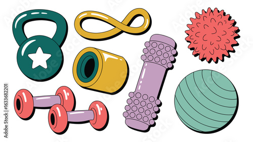 Colorful collection of fitness equipment on a white background workout exercise