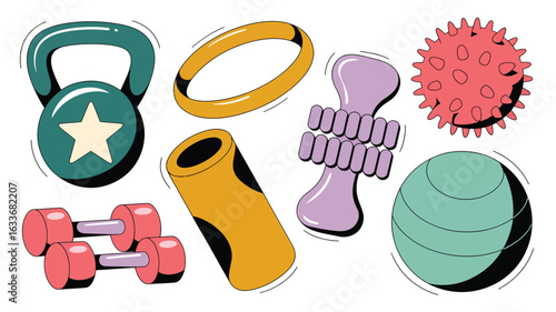 Flat design fitness equipment with kettlebell and dumbbells exercise workout