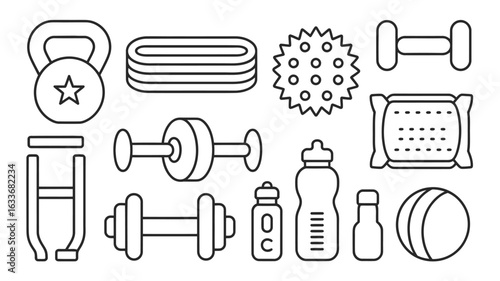 Outline icons of various fitness and sports equipment on white workout exercise