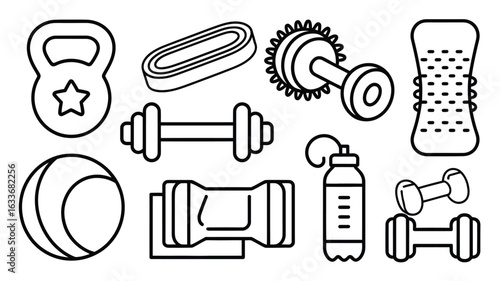 Black and white line drawings of fitness equipment on white background workout exercise