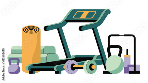 Treadmill and various fitness accessories displayed on a white background fitness equipment