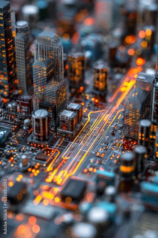 Obraz premium Futuristic City Model on Circuit Board with Illuminated Pathways
