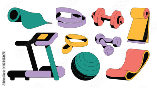 Colorful flat design fitness equipment and workout accessories collection exercise
