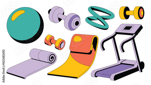 Vibrant flat design fitness equipment and workout gear assortment exercise
