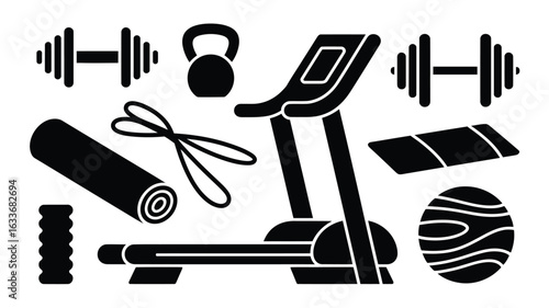 Black and white silhouette icons of gym equipment and workout gear fitness exercise
