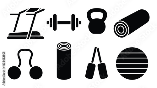 Collection of black fitness equipment icons on a white background treadmill dumbbell