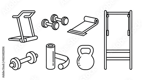 Outline icons of fitness equipment on a white background treadmill dumbbells