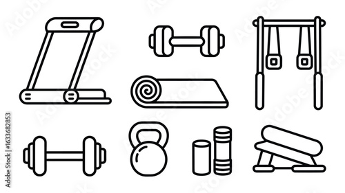 Line art icons of gym equipment on a white background treadmill dumbbells