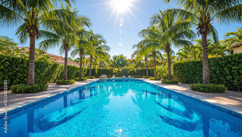 Wallpaper Mural Stunning tropical resort swimming pool lined with palm trees and manicured hedges on a bright sunny day Torontodigital.ca