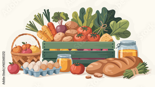 Fresh produce and baked goods arranged in a still life illustration food groceries