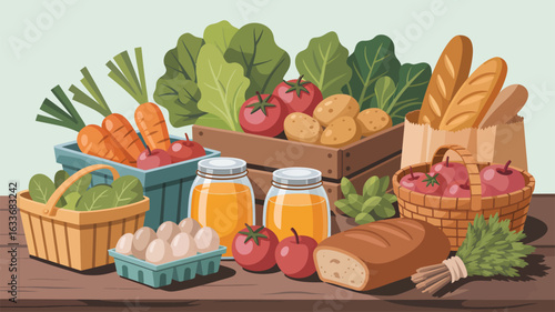 Assortment of fresh fruits vegetables bread and juice on wooden table image photo