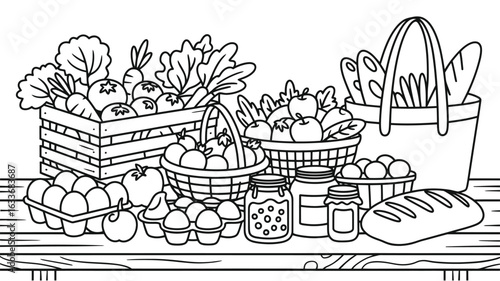 Black and white illustration of a variety of fresh groceries on a wooden surface food