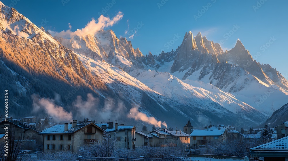 Fototapeta premium Charming alpine village at the foot of snow mountains, chimneys with smoke rising in the cold morning air, sunlight painting the peaks gold