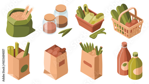 Collection of isometric illustrations of fresh produce and grocery items wheat grains