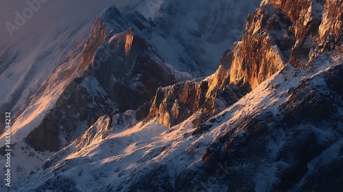 Dramatic close-up of a towering snowy peak glowing with golden sunrise, rugged textures of rock and snow, cinematic lighting