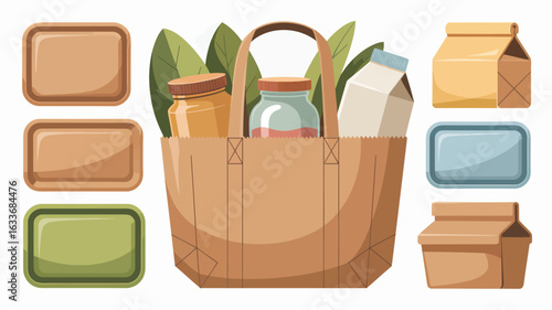Eco friendly reusable shopping bag filled with groceries and containers grocery bag