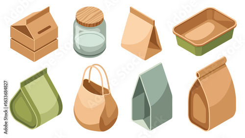 Collection of isometric eco-friendly packaging and containers on white paper bag glass jar