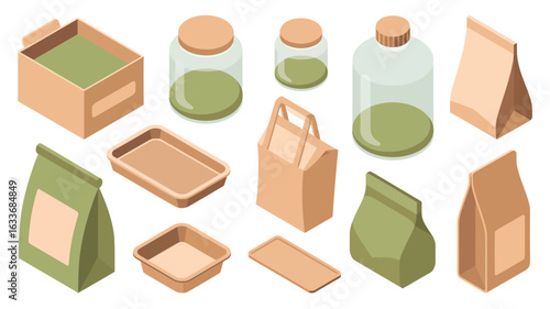 Assortment of eco-friendly packaging and containers in isometric view paper bag glass jar