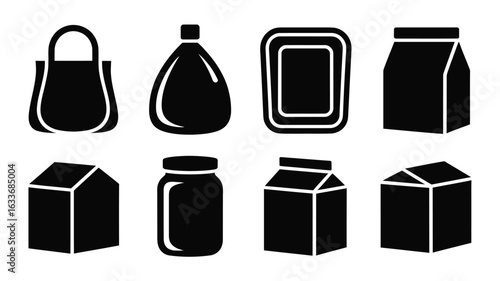 Eight black silhouette packaging and container icons with varied perspectives bottle