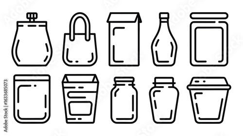 Ten black outline icons of various food and drink packaging and containers bottle