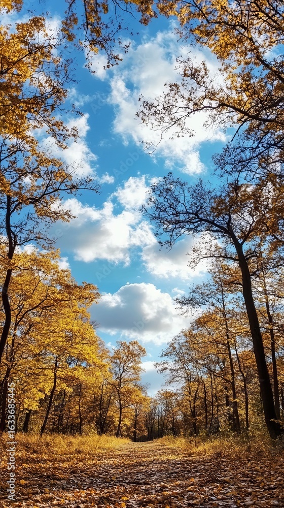 Fototapeta premium Autumnal forest path under a vibrant sky